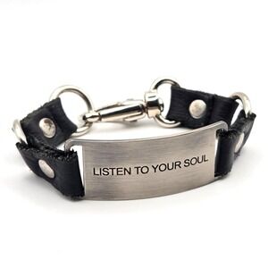 Cynthia H Designs Leather Bracelet Listen to Your Soul Cuff Silver Tone Clasp